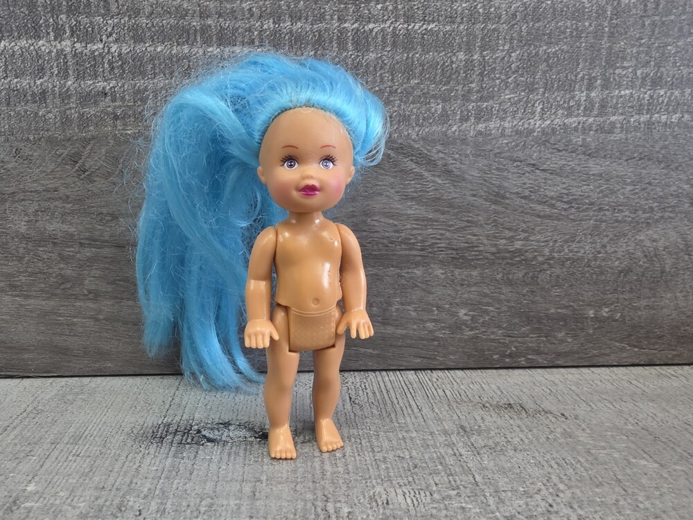 Blue Hair 4" Vinyl Doll Blue Eyes Naked Kelly Clone g50
